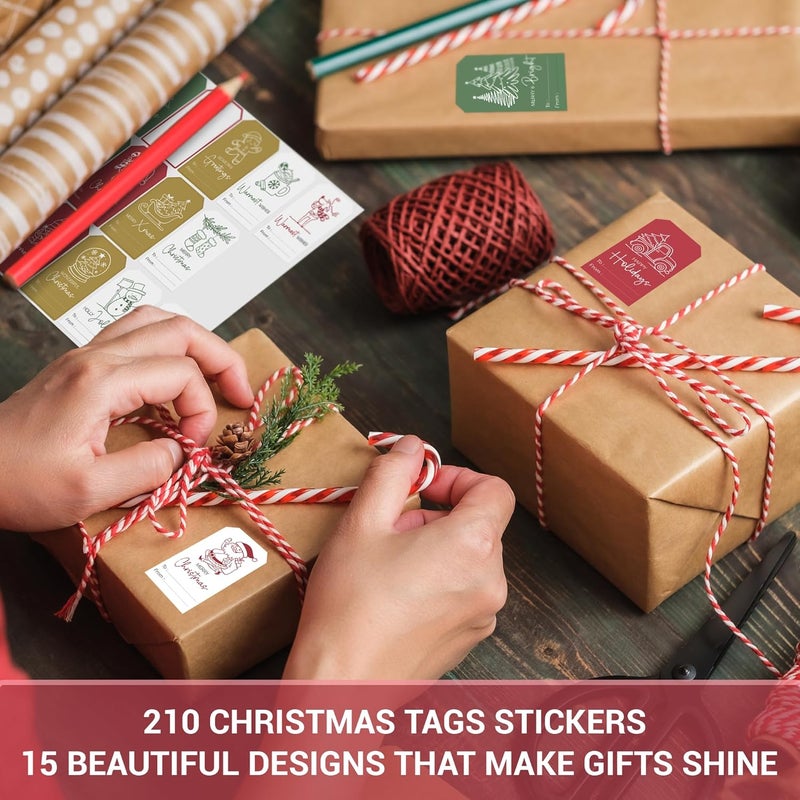 AUDREE 210 Pcs Christmas Gift Tags Stickers - Self-Adhesive Red, Green & Gold Holiday Label Set - 15 Festive Designs for Xmas Gifts, Boxes, Cards & Wrapping - Image 4